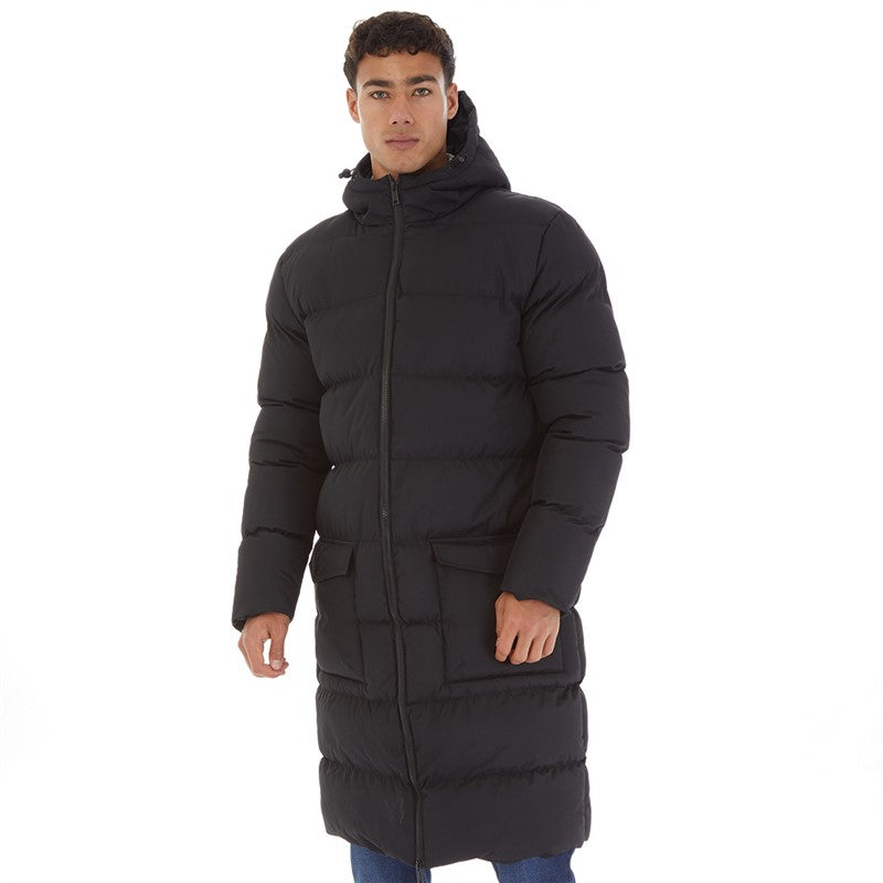 Mens Longline Hooded Puffer Jacket Black (Personalised)